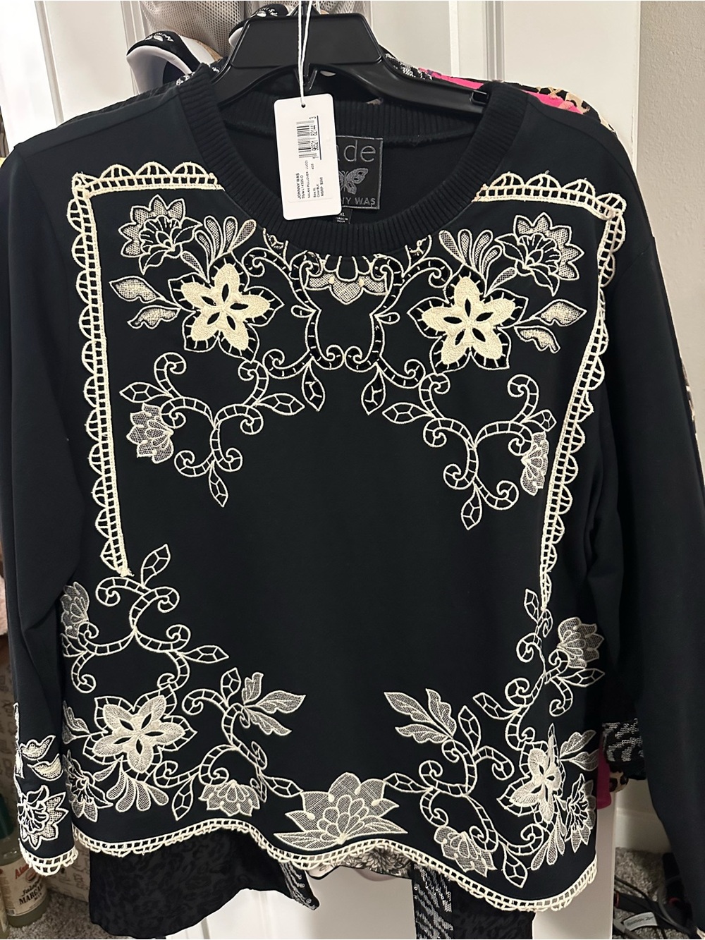 Johnny Was Black Sweatshirt with Cream Floral Embroidery